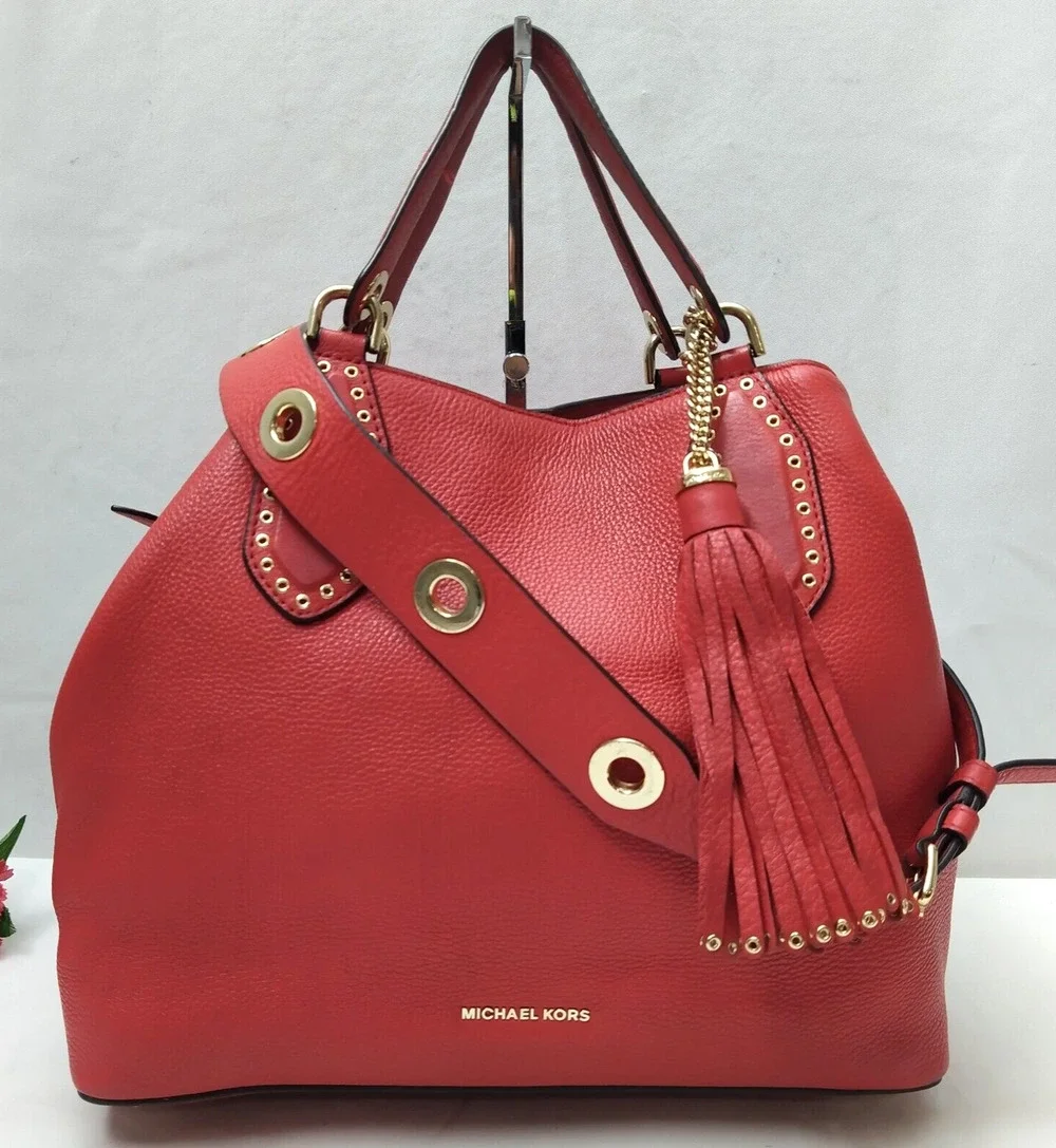 Michael Kors Brooklyn Red Leather Tassel Double Handle Satchel Shoulder Bag